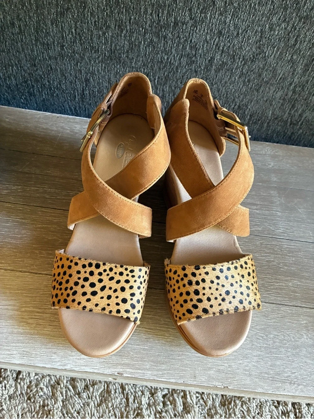 Dr Scholls Sweet Escape Wedge Sandals With Tan Suede And Animal Print Toe Strap